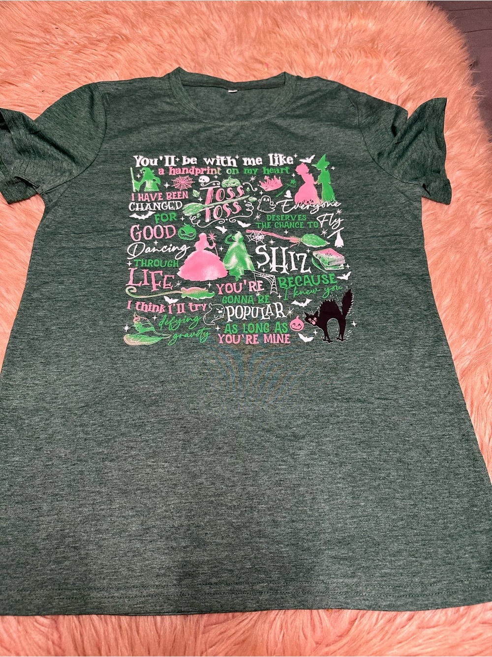 Women's Dark Green Graphic Short Sleeve Tee with Pink Accents